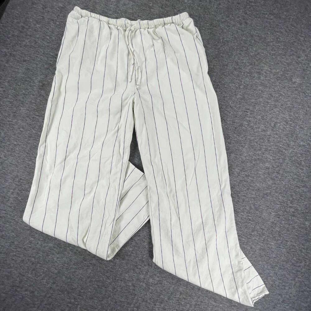 Zara Linen Blend Striped Wide Leg Pants L Pinstripe Pull On Boho Coastal Beach - Picture 13 of 14